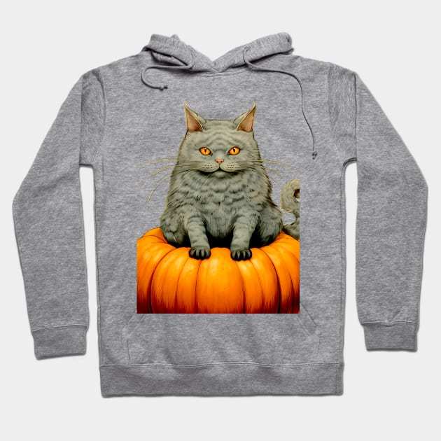 Japanese Cat on a Halloween Pumpkin During the Halloween Season on a light (knocked out) background Hoodie by Puff Sumo